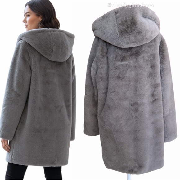 NWT Elie Tahari Grey Faux Fur Hooded Coat Cozy Chic Winter Jacket Size Medium - Picture 13 of 16